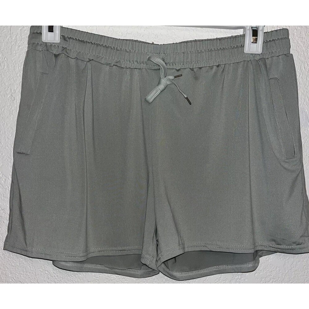 Real Essentials Athletic Shorts Women Sz L Light Olive Green Zipper Pockets